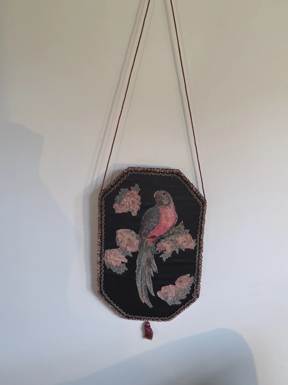 Decorative Black Velvet Bird Wall Hanging with Pink and Brown Embroidery